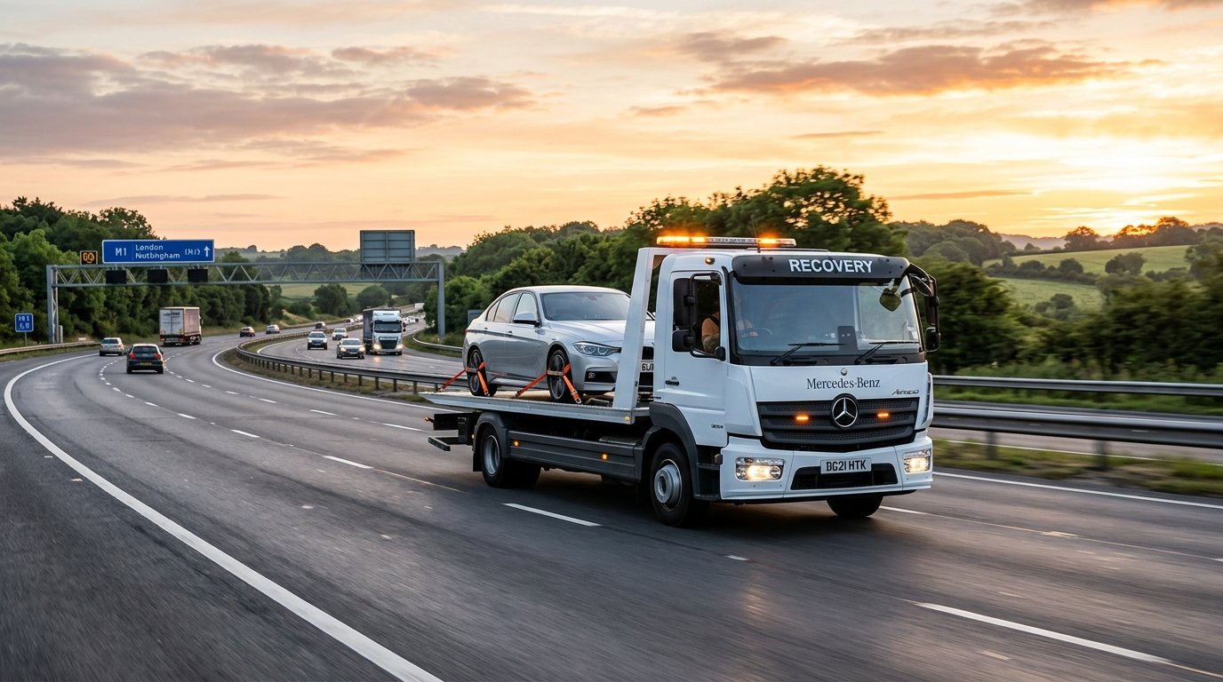 Forge Recovery Modern Tow Truck Transporting Vehicle on UK Motorway